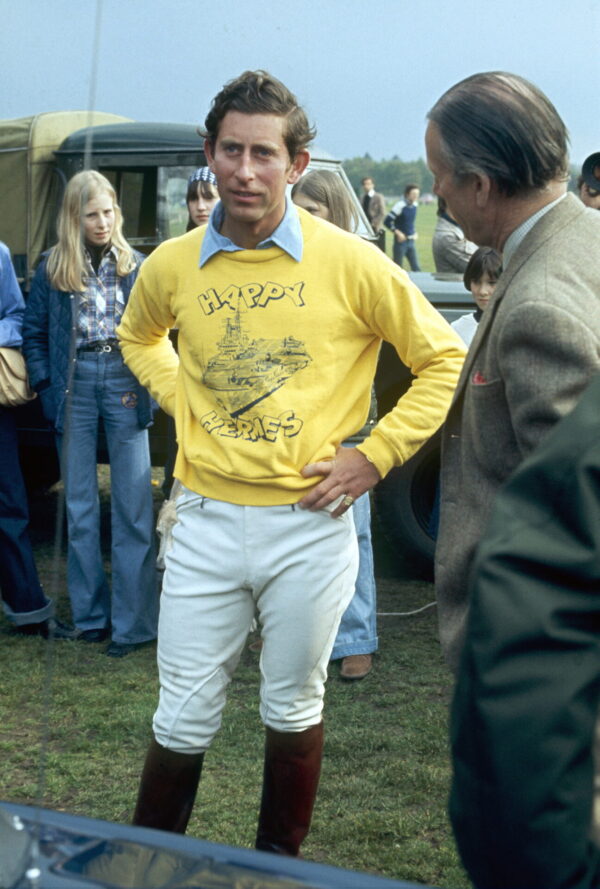 WINDSOR, UNITED KINGDOM - JUNE 01: Prince Charles Wearing A Bright Yellow Hermes Sweatshirt Saying ' Happy Hermes' At Guards Polo Club In Windsor, Berkshire. (Photo by Tim Graham Photo Library via Getty Images)