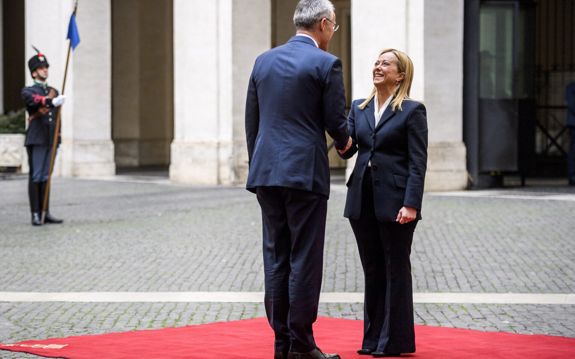 ROME, ITALY - NOVEMBER 10: Italian Prime Minister Giorgia Meloni and NATO Secretary Jens Stoltenberg shake hands before their meeting at Palazzo Chigi, on November 10, 2022 in Rome, Italy. Giorgia Meloni has repeatedly stressed her new government's unconditional support for NATO and for Western sanctions against Russia and military aid for Ukraine in its war against Moscow. (Photo by Antonio Masiello/Getty Images)