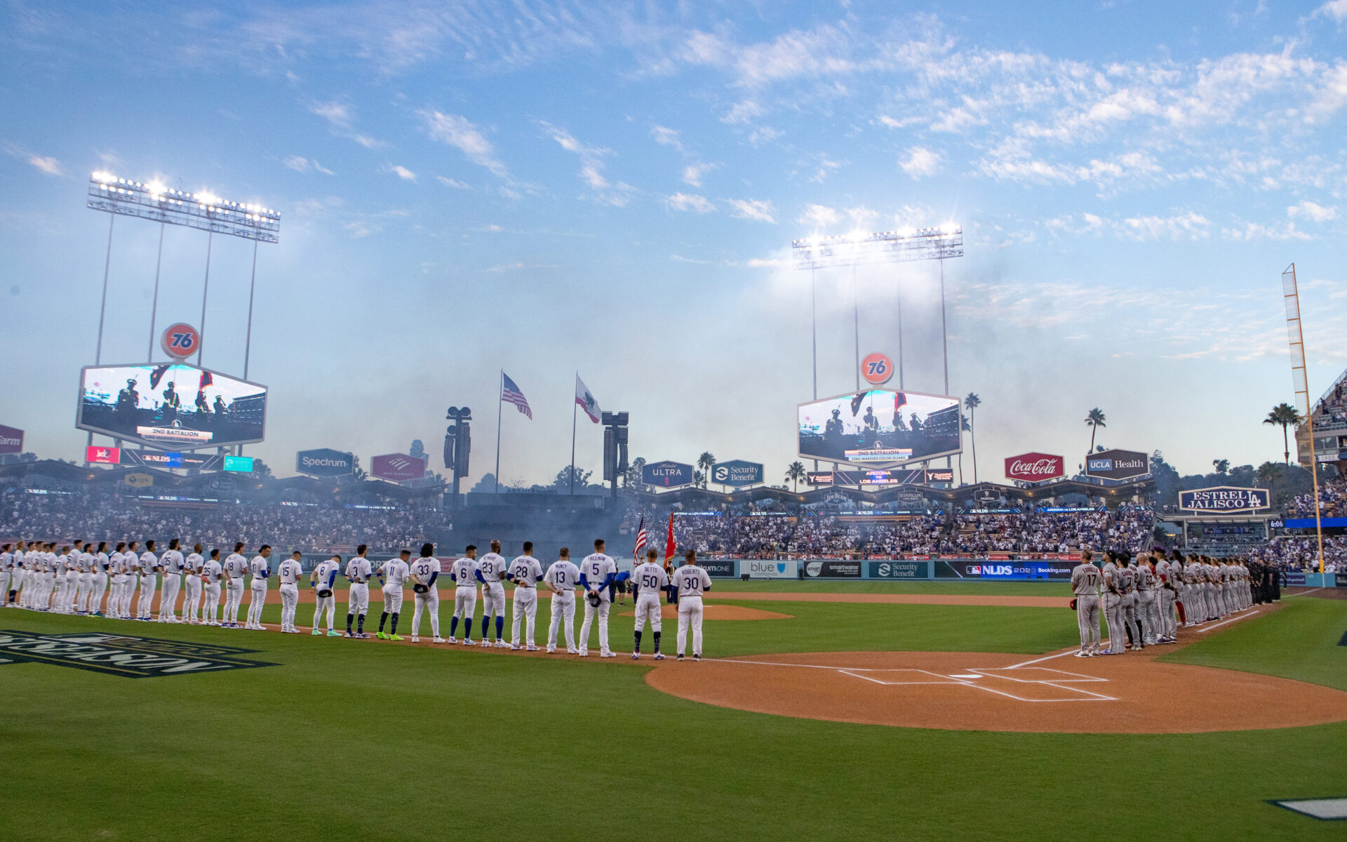 LOS ANGELES, CA - OCTOBER 07: A general view of the field during opening ceremonies before Game 1 of the Division Series between the Arizona Diamondbacks and the Los Angeles Dodgers at Dodger Stadium on Saturday, October 7, 2023 in Los Angeles, California. (Photo by Rob Leiter/MLB Photos via Getty Images)