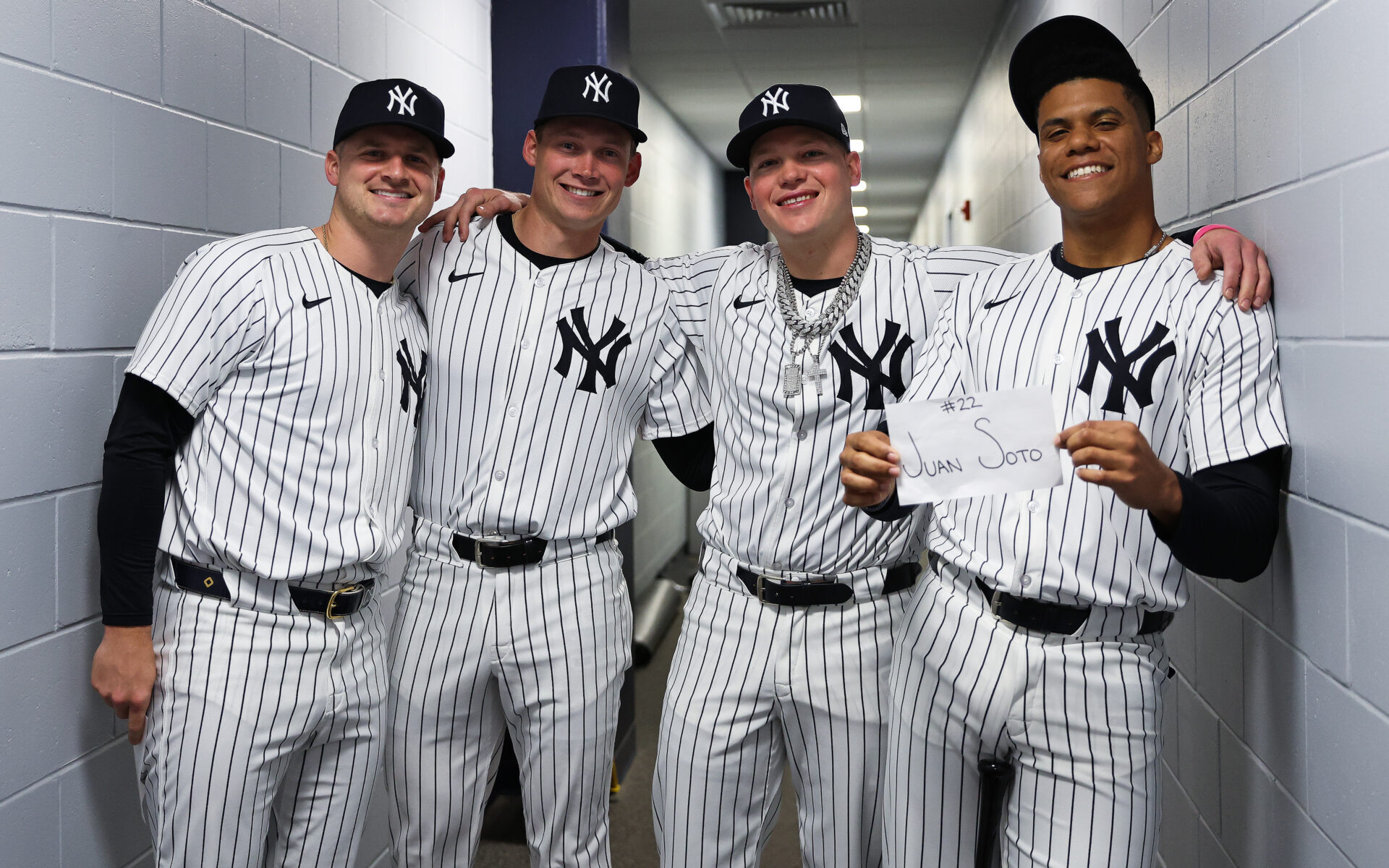 TAMPA, FL - FEBRUARY 21: Clarke Schmidt #36, Will Warren #98, Alex Verdugo #24 and Juan Soto #22 pose for a photo during the New York Yankees Photo Day at George M. Steinbrenner Field on February 21, 2024 in Tampa, Florida. (Photo by New York Yankees/Getty Images)