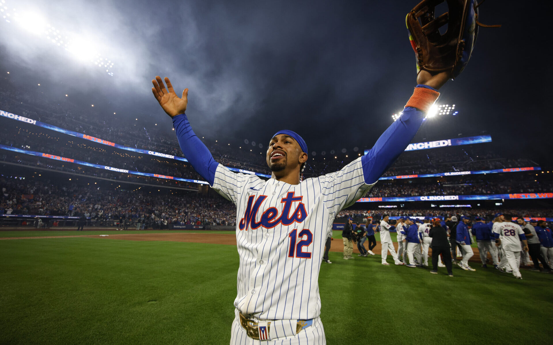 NEW YORK, NY - OCTOBER 09: Francisco Lindor #12 of the New York Mets celebrates after winning Game 4 of the Division Series presented by Booking.com between the Philadelphia Phillies and the New York Mets at Citi Field on Wednesday, October 9, 2024 in New York, New York. The New York Mets won 4-1 and will advance to the NLCS. (Photo by Rob Tringali/MLB Photos via Getty Images)