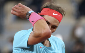 PARIS, FRANCE - OCTOBER 11: Rafael Nadal of Spain, wearing his Richard Mille watch, during the Men's Final on day 15 of the 2020 French Open on Court Philippe Chatrier at Roland Garros stadium on October 11, 2020 in Paris, France. (Photo by John Berry/Getty Images)