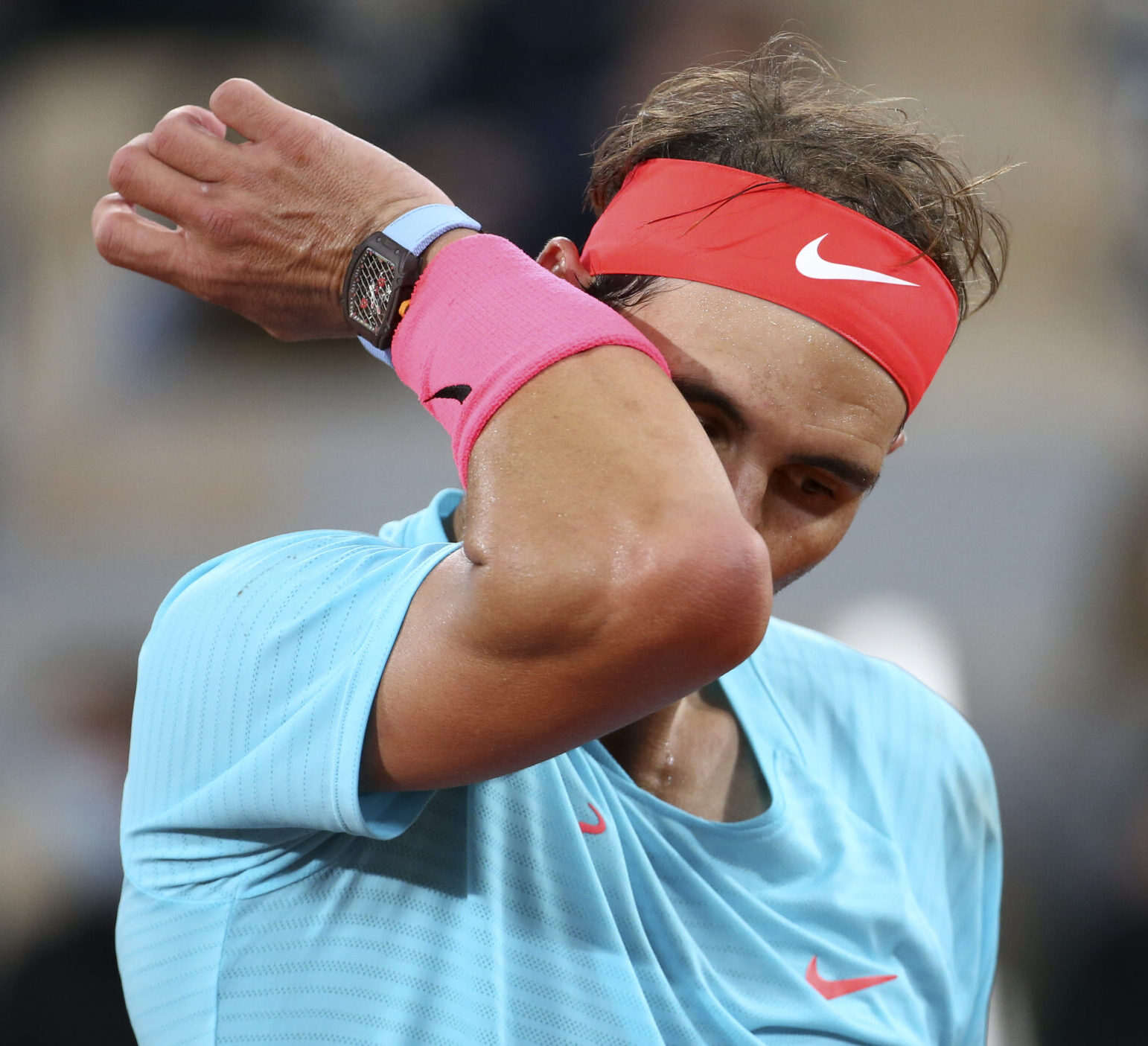 PARIS, FRANCE - OCTOBER 11: Rafael Nadal of Spain, wearing his Richard Mille watch, during the Men's Final on day 15 of the 2020 French Open on Court Philippe Chatrier at Roland Garros stadium on October 11, 2020 in Paris, France. (Photo by John Berry/Getty Images)